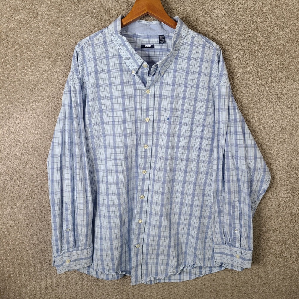 IZOD Shirt Mens 4XL Blue White Plaid Button Down Long Sleeve Cotton Big & Tall